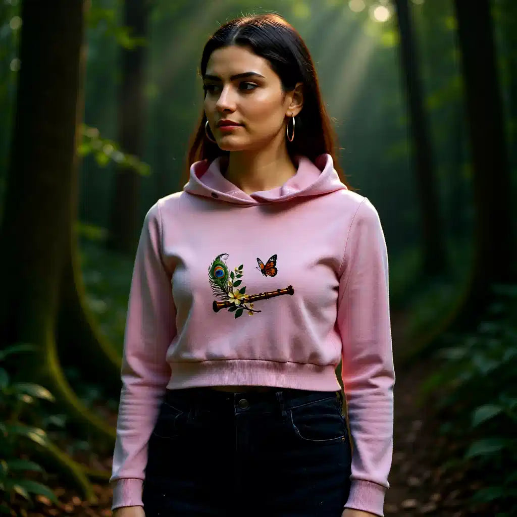 Divine Krishna Flute Printed Cropped Hoodie