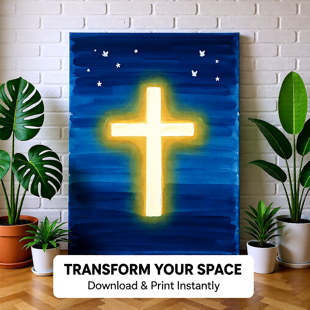 Christian Cross Art Print — Instant Download — Blue Gold Faith Wall Art 8x10 A4 A3 — Christmas Gift — Church Home Decor