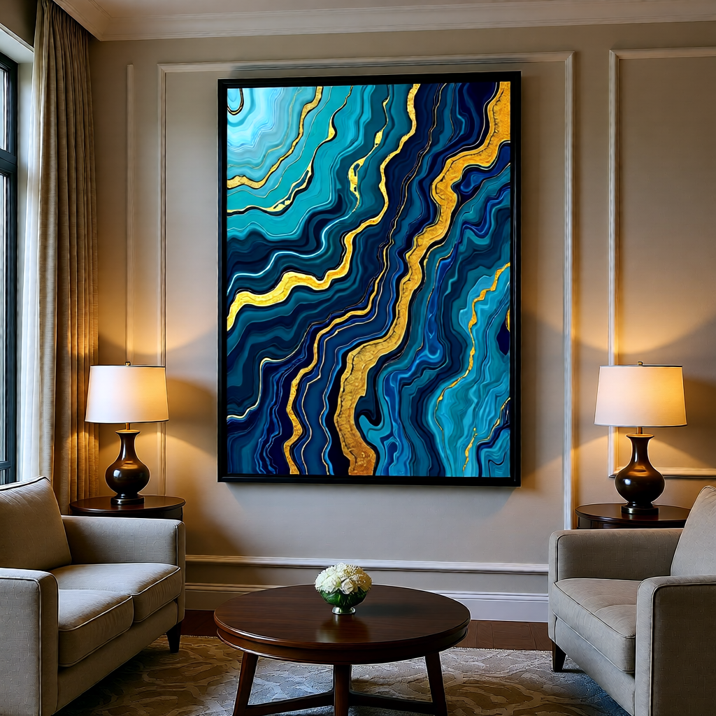 Ocean Fluid Pour Abstract Art Print — Teal Blue Gold — Instant Download — Printable Wall Art 8x10 A4 A3 — Bedroom Living Room Coastal Decor