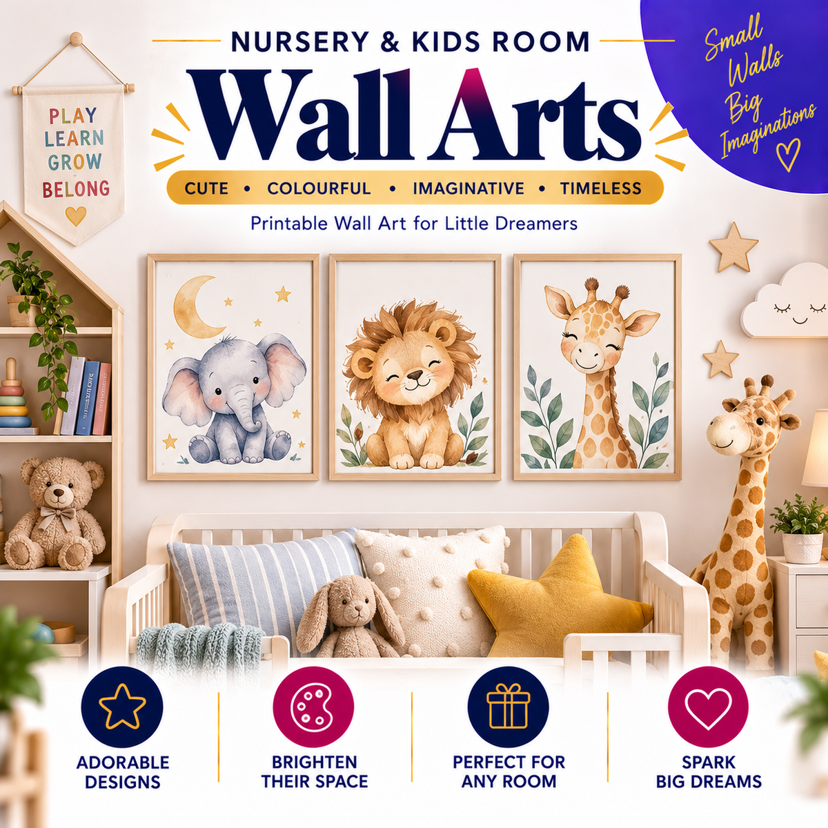 Printable nursery and kids room wall art with cute animal, colourful and imaginative designs for baby and children’s room decor