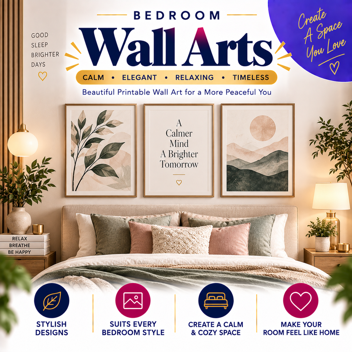 Printable bedroom wall art with calming botanical, abstract and modern designs for cozy, relaxing and stylish bedroom decor