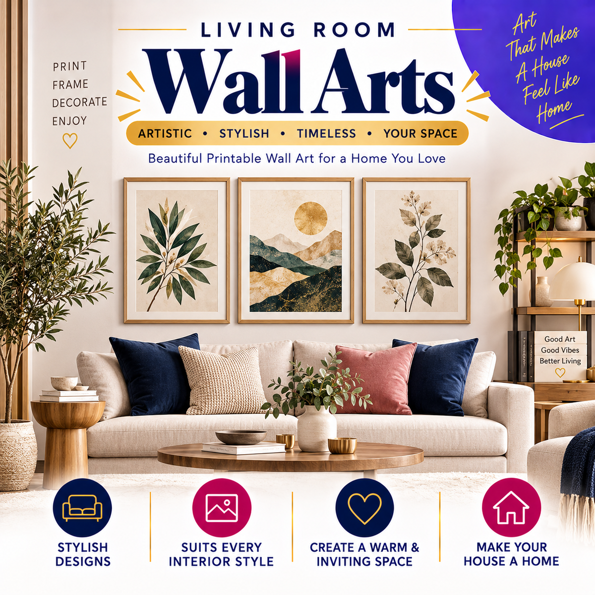 Printable living room wall art featuring botanical, abstract and modern designs for stylish home decor and gallery walls