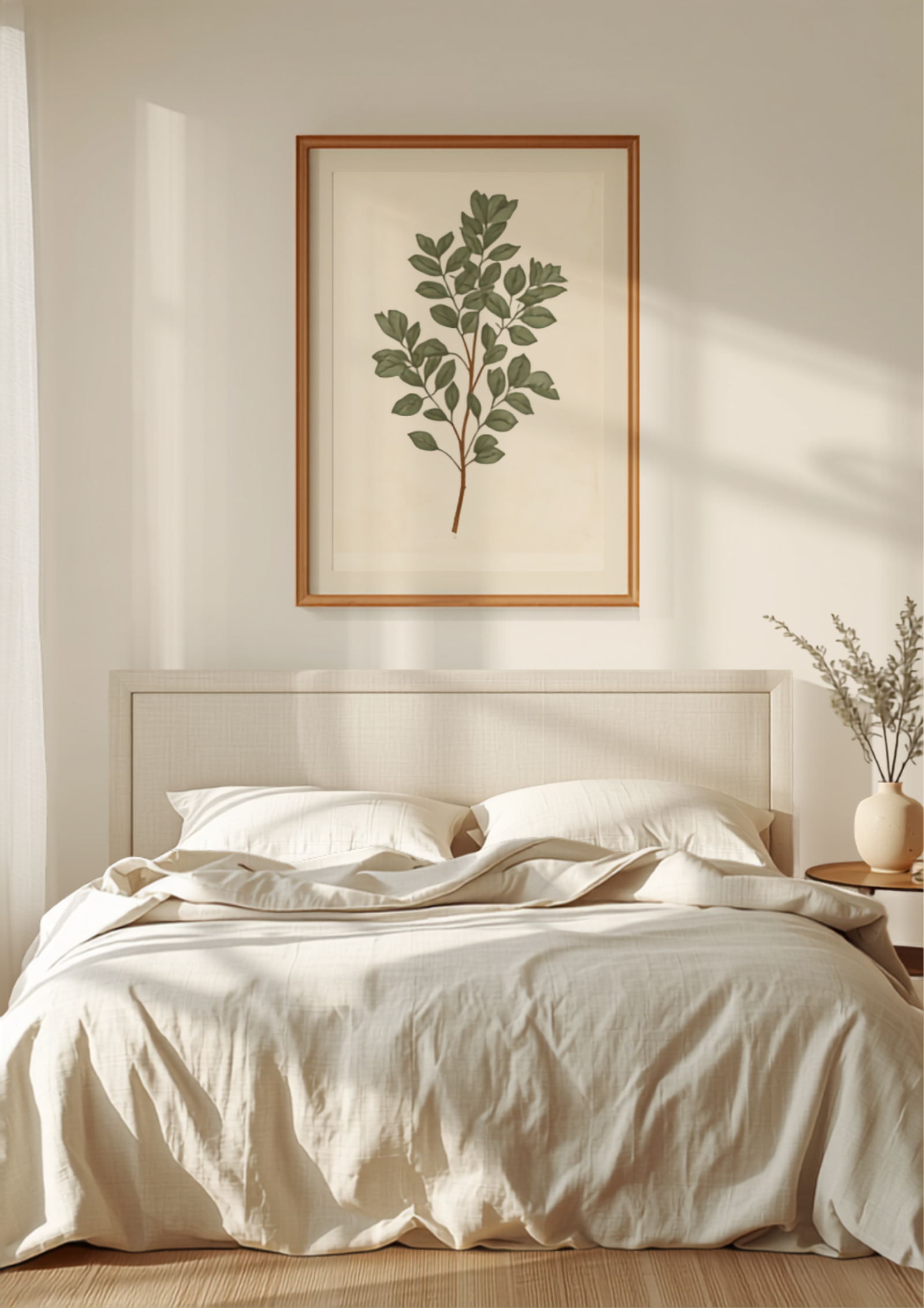 Vintage Botanical Eucalyptus Print in a bedroom setting
