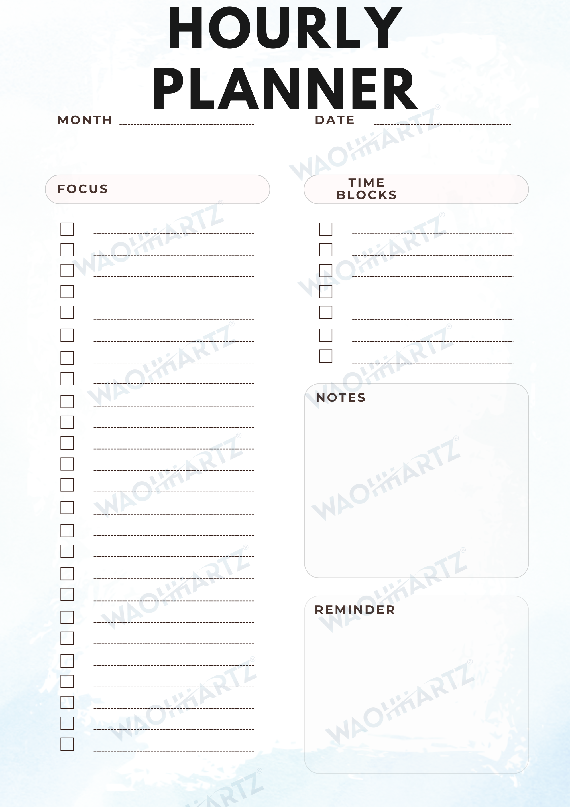 Hourly Time-Block Planner — printable instant download