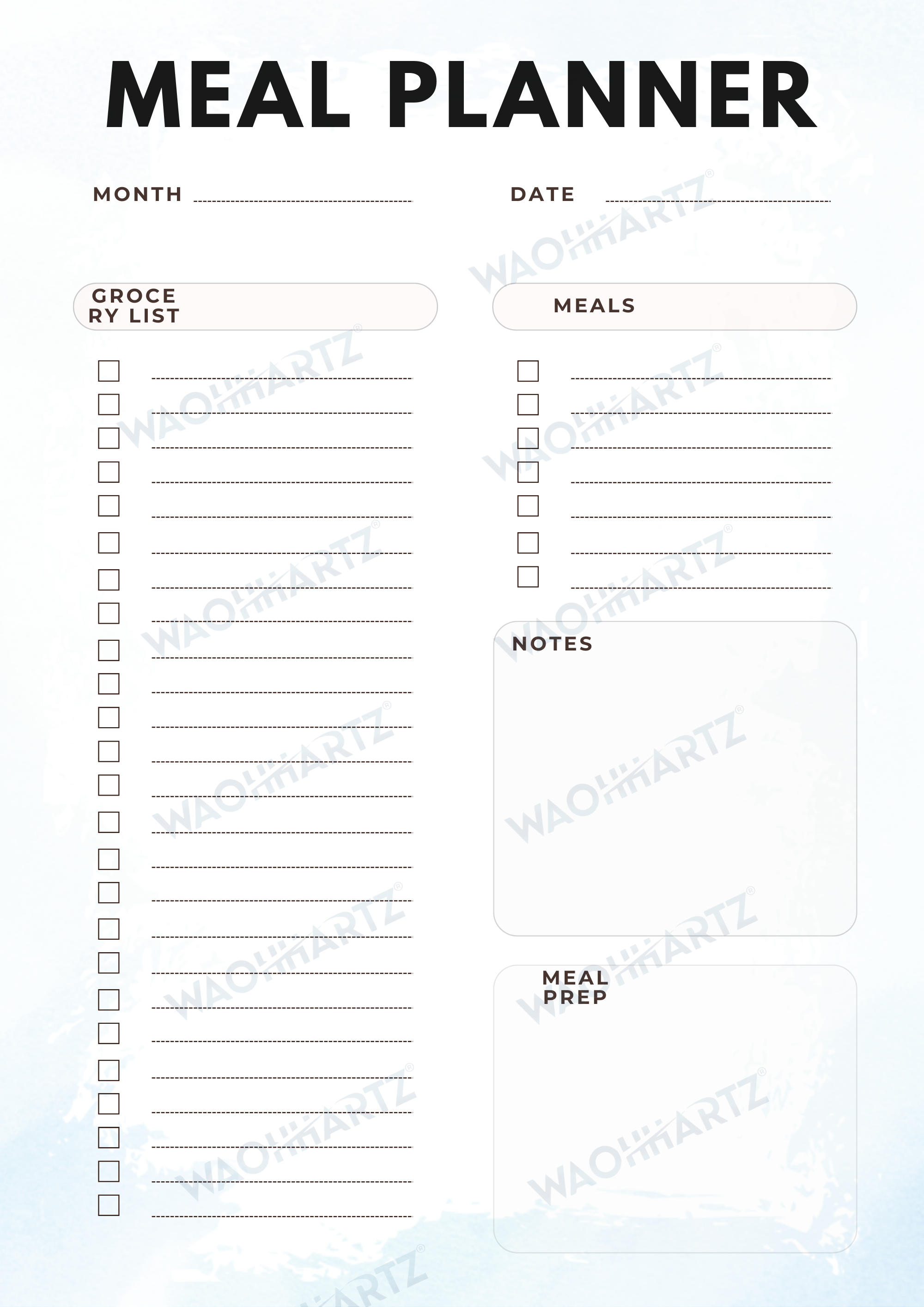 Weekly Meal Planner & Grocery List — printable instant download
