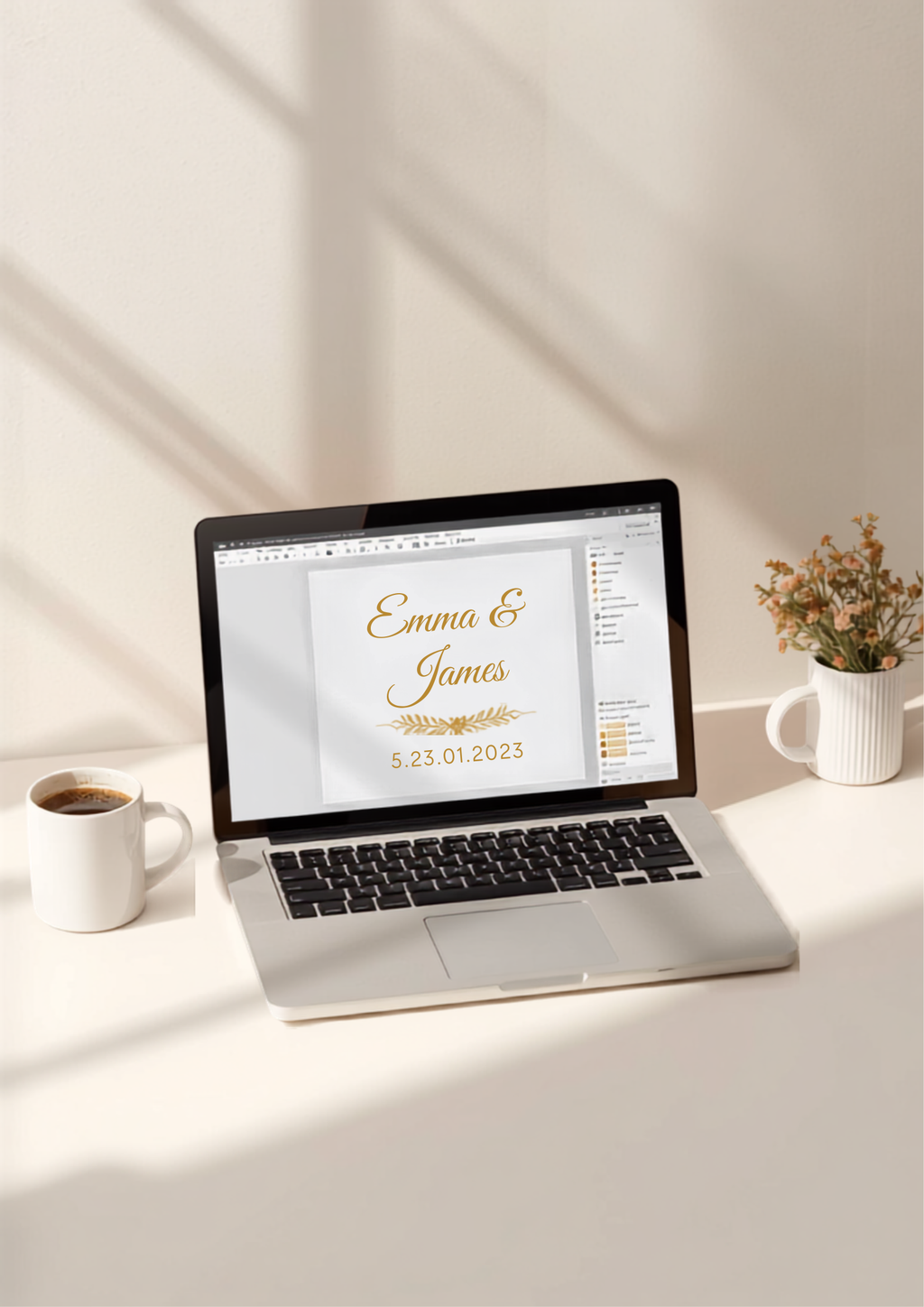 Elegant Wedding Invitation Template being personalized on laptop