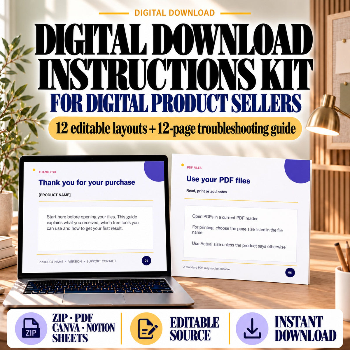 Digital download instructions template kit showing 12 editable buyer-guide layouts and a 12-page troubleshooting guide.