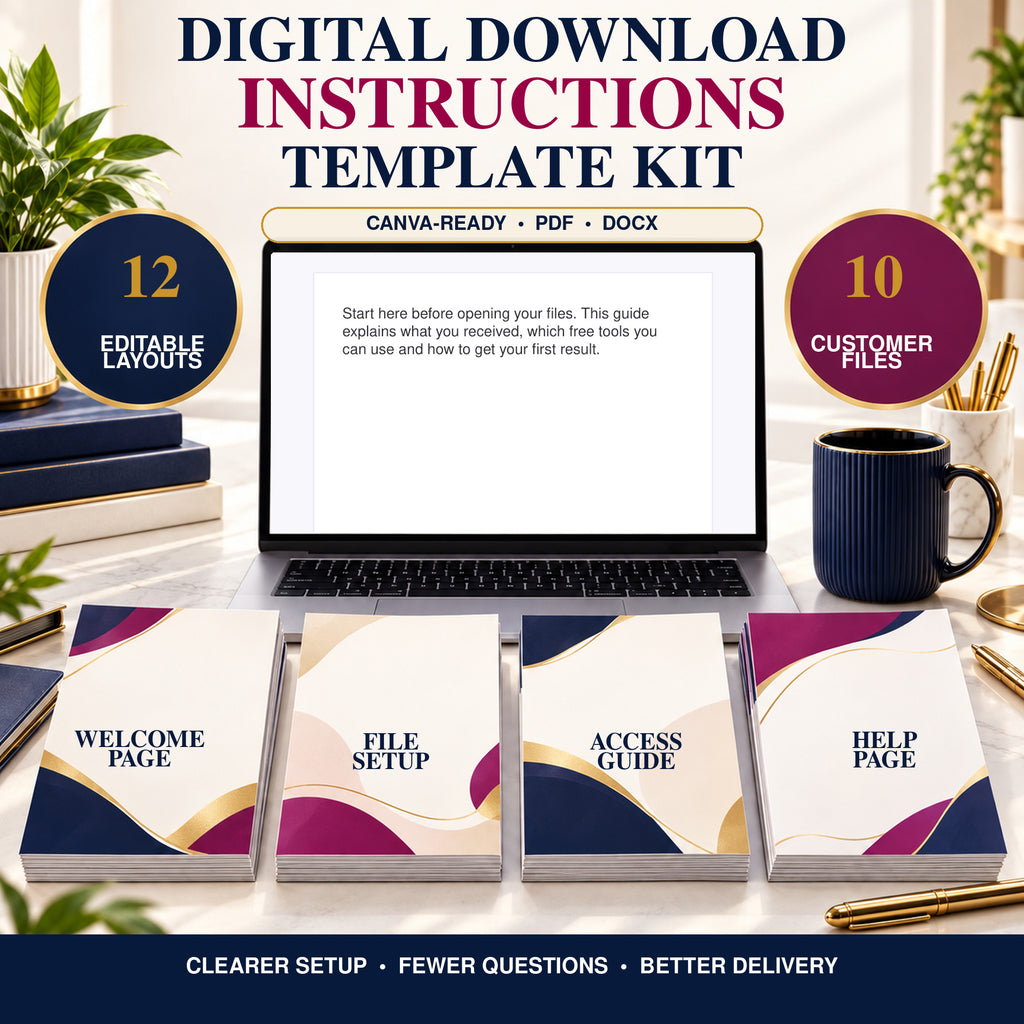 Digital download instructions template kit with 12 editable layouts and 10 customer files