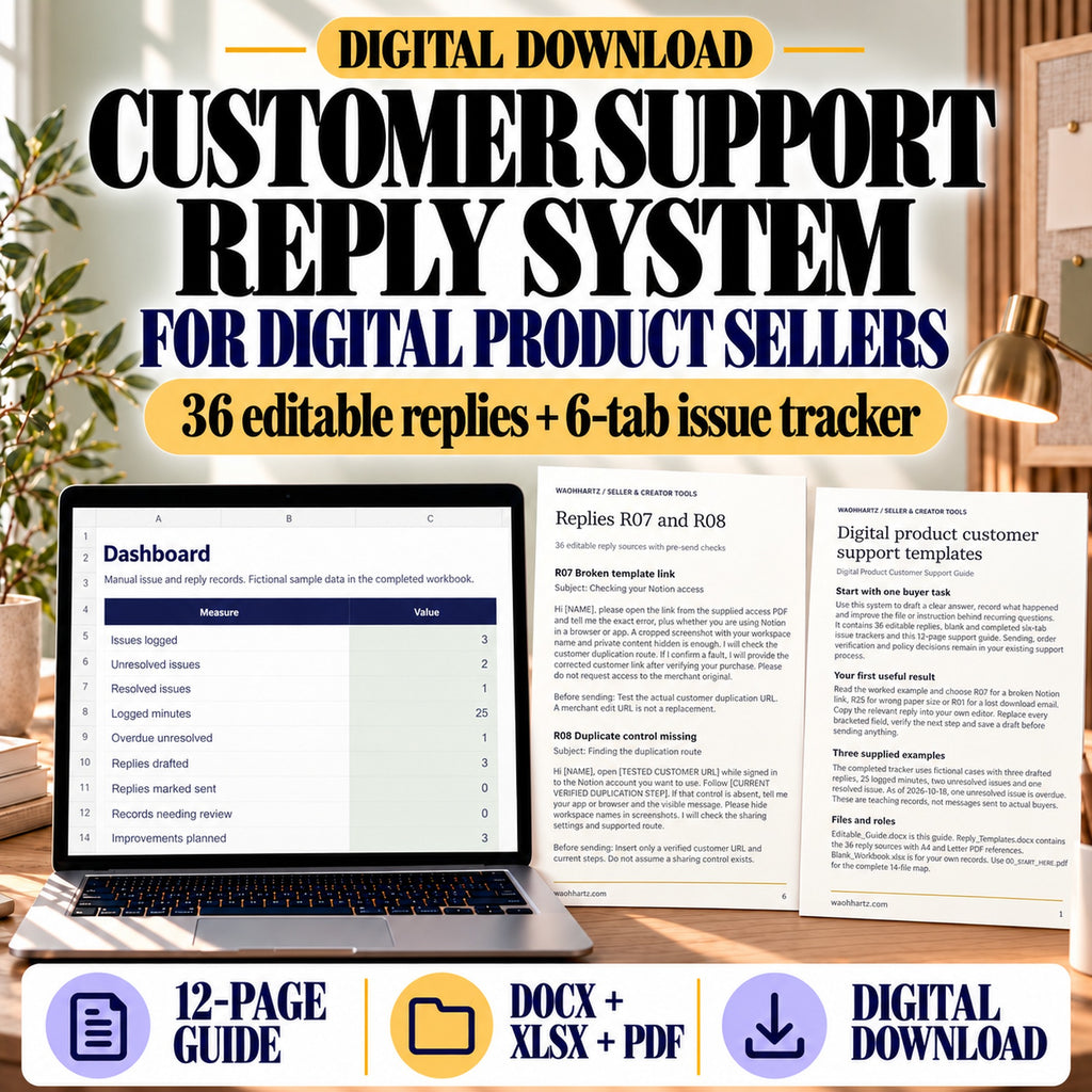 Digital product customer support reply system with 36 editable replies, six-tab issue tracker and 12-page guide shown in actual file previews.