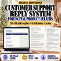 Digital product customer support reply system with 36 editable replies, six-tab issue tracker and 12-page guide shown in actual file previews.