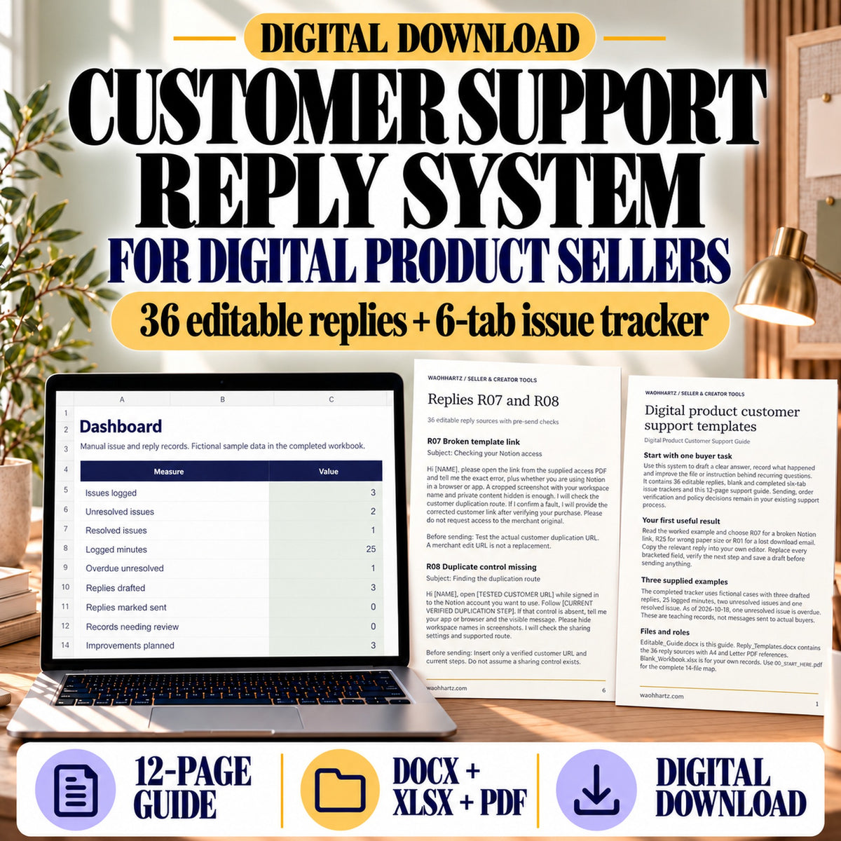 Digital product customer support reply system with 36 editable replies, six-tab issue tracker and 12-page guide shown in actual file previews.
