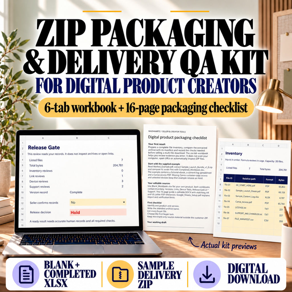 Digital product packaging checklist kit with a six-tab workbook, 16-page guide and previews of the actual release records.
