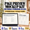 Ebook and workbook page preview mockup kit with an actual exercise close-up, five-page workbook gallery and 20-layout count.