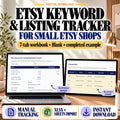 Etsy keyword tracker spreadsheet with a seven-tab workbook, blank and completed examples, and an illustrative title comparison.