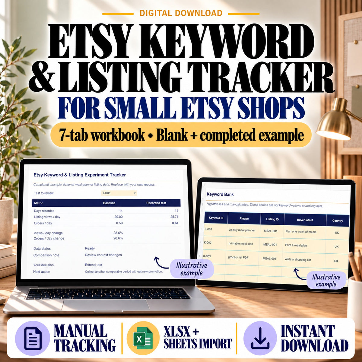 Etsy keyword tracker spreadsheet with a seven-tab workbook, blank and completed examples, and an illustrative title comparison.