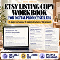 Etsy listing copy workbook preview with 18 pages, eight listing structures and twelve manual writing prompts.