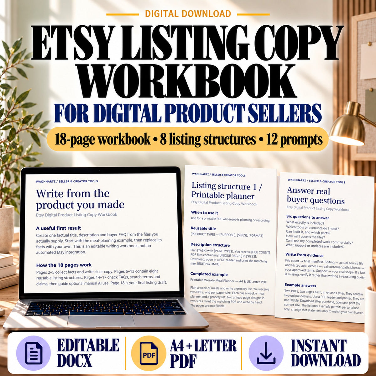 Etsy listing copy workbook preview with 18 pages, eight listing structures and twelve manual writing prompts.