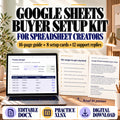 Google Sheets template buyer setup kit with editable guide, setup card and actual five-transaction practice workbook preview.