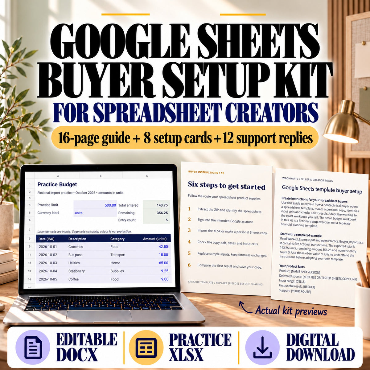 Google Sheets template buyer setup kit with editable guide, setup card and actual five-transaction practice workbook preview.