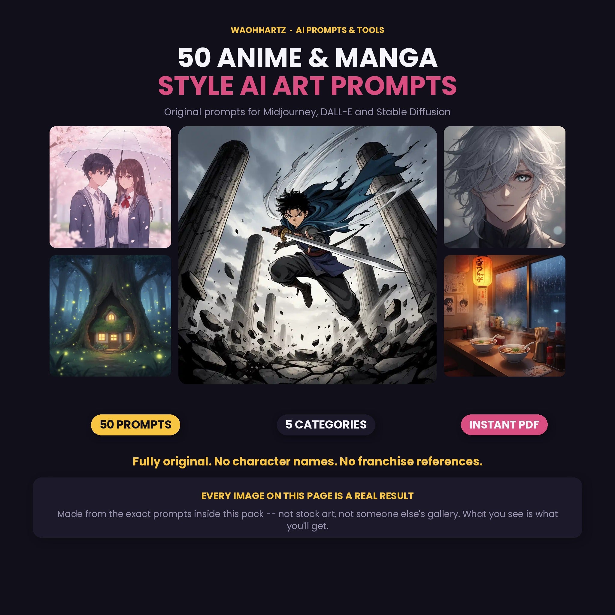 50 Anime &amp; Manga Style AI Art Prompts — Midjourney, DALL-E, Stable Diffusion — Instant Download PDF