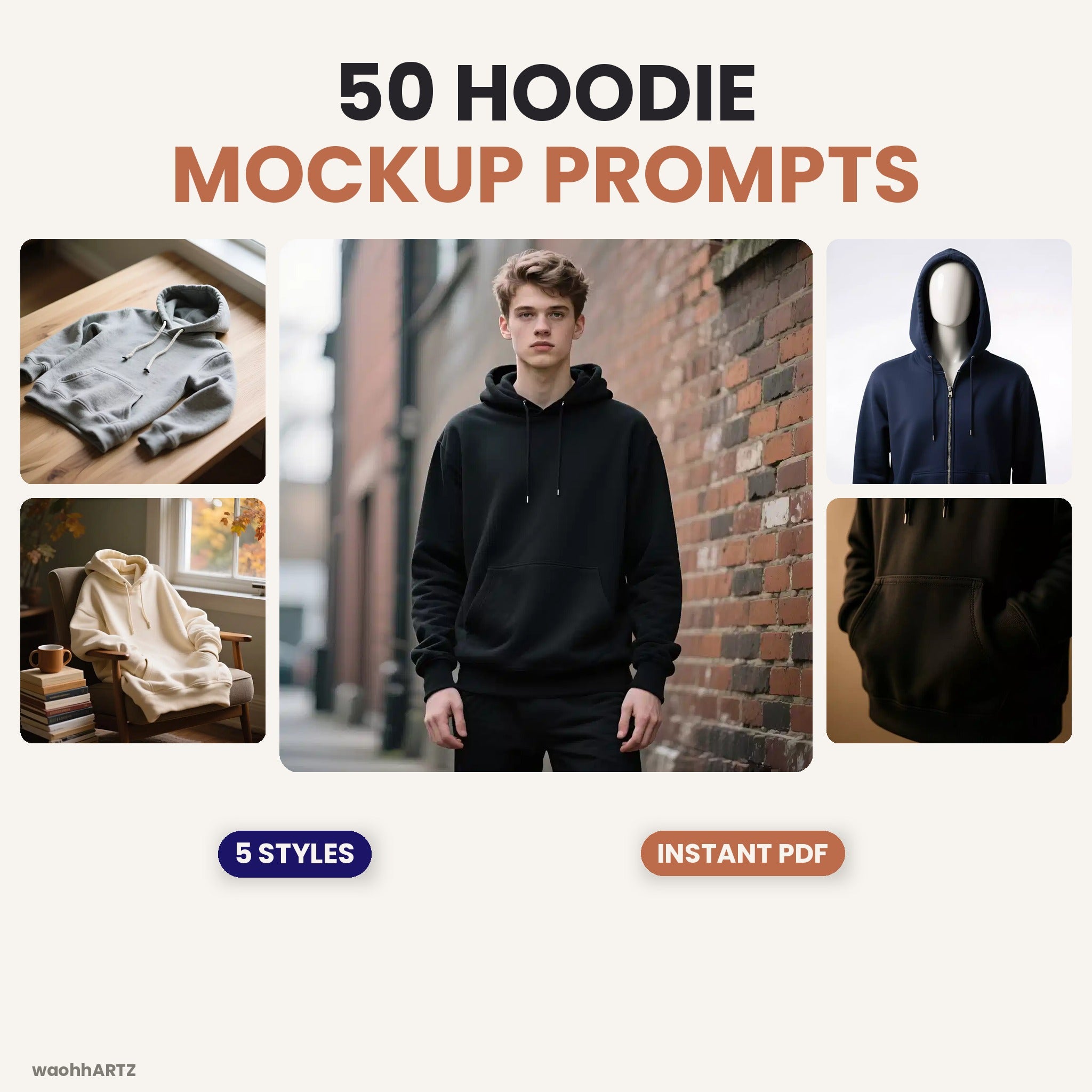 50 Hoodie Mockup AI Art Prompts — 5 Styles — Midjourney, DALL-E, Stable Diffusion — Instant Download PDF