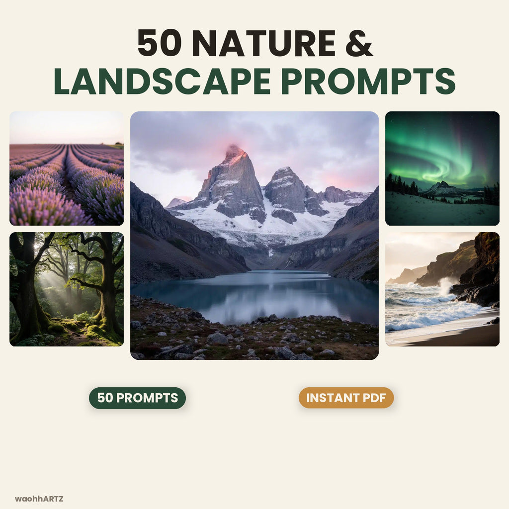 50 Nature &amp; Landscape AI Art Prompts — Midjourney, DALL-E, Stable Diffusion — Instant Download PDF
