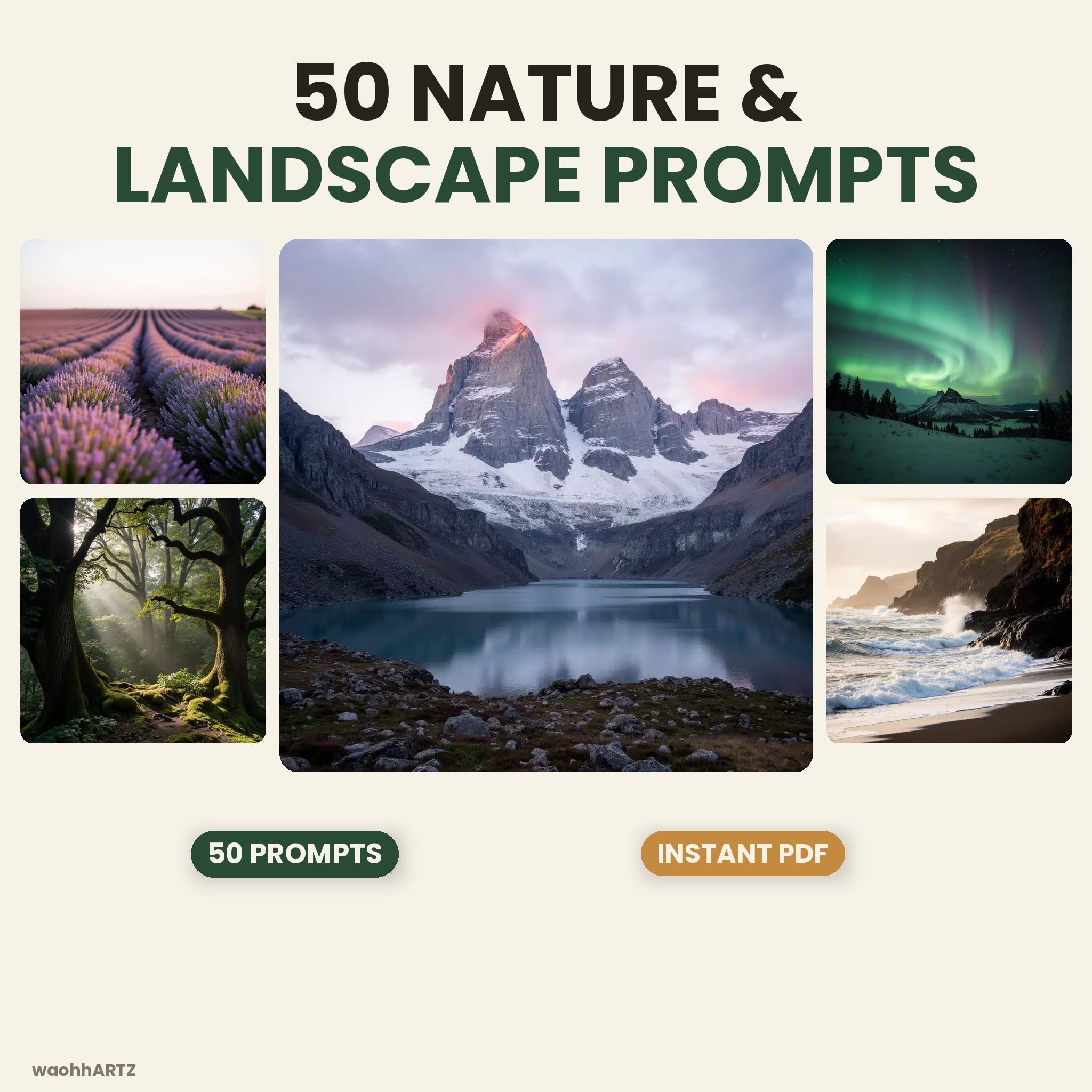 50 Nature &amp; Landscape AI Art Prompts — Midjourney, DALL-E, Stable Diffusion — Instant Download PDF