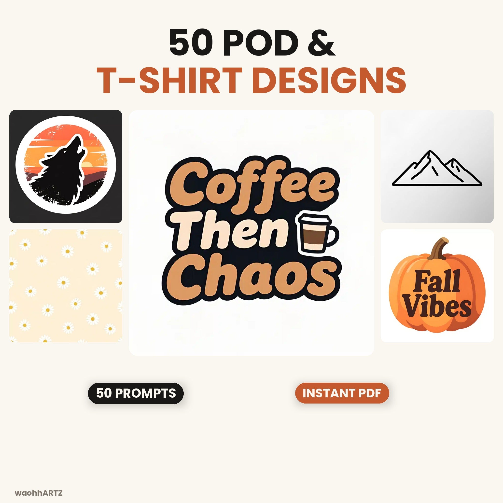 50 POD &amp; T-Shirt Design AI Prompts — Midjourney, DALL-E, Stable Diffusion — Instant Download PDF