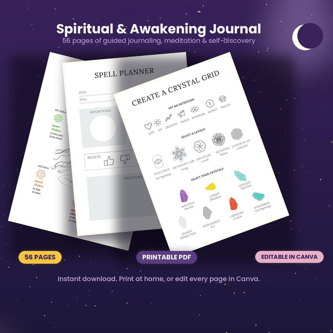 Spiritual & Awakening Journal | 56-Page Printable PDF + Editable Canva Template | Meditation, Chakra, Tarot &amp; Manifestation