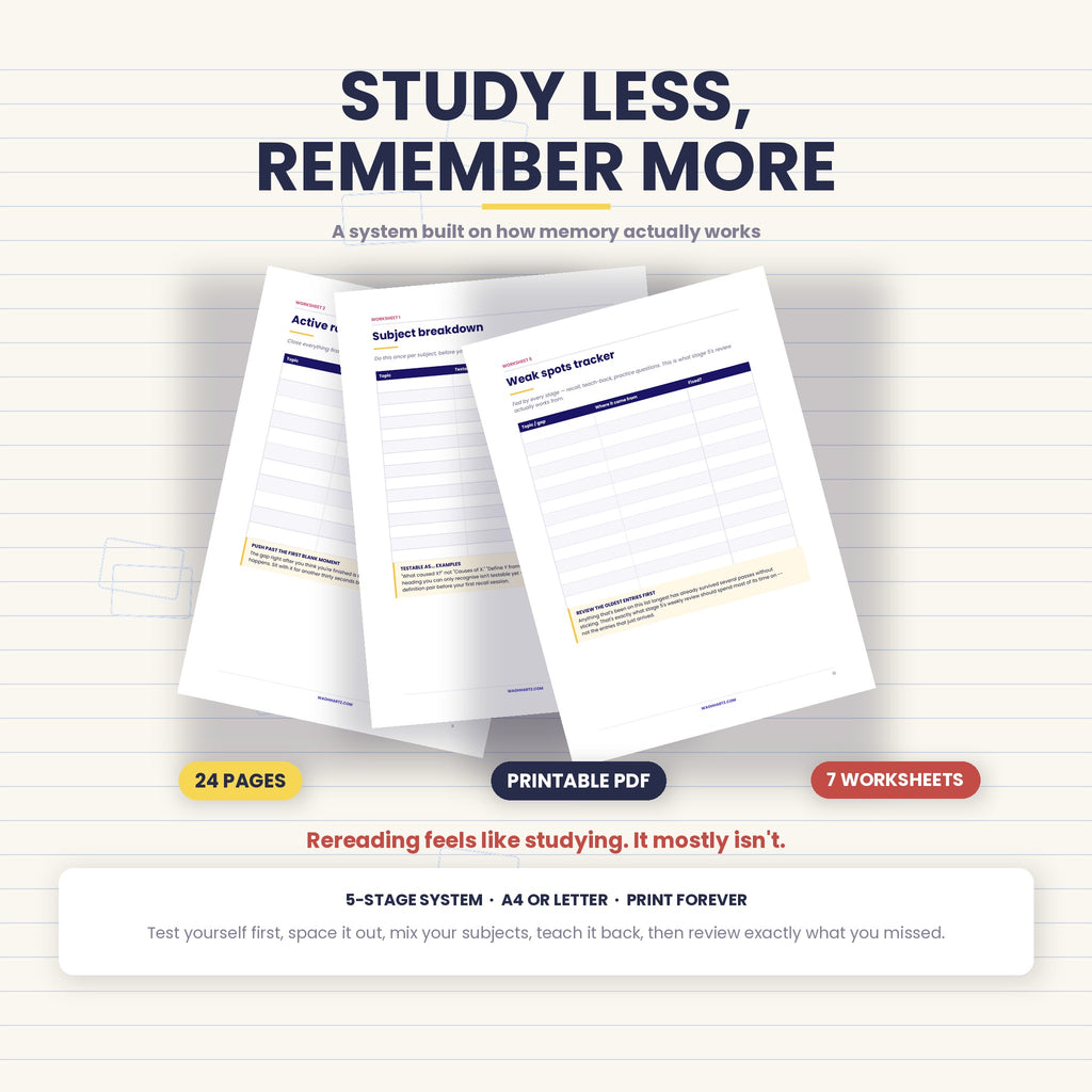 How to Study Less and Remember More | 5-Stage System with 7 Printable Worksheets | Instant Download PDF