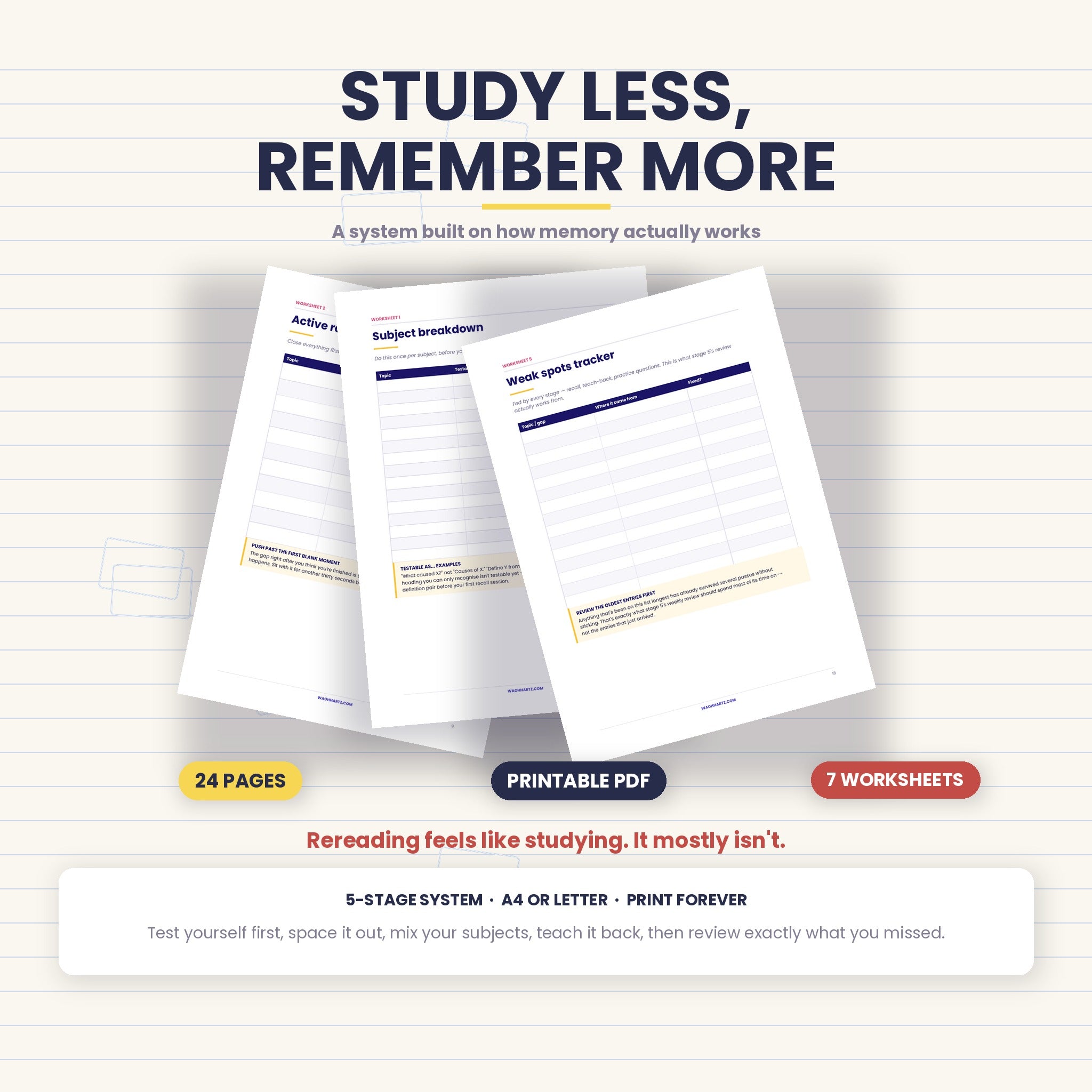 How to Study Less and Remember More | 5-Stage System with 7 Printable Worksheets | Instant Download PDF