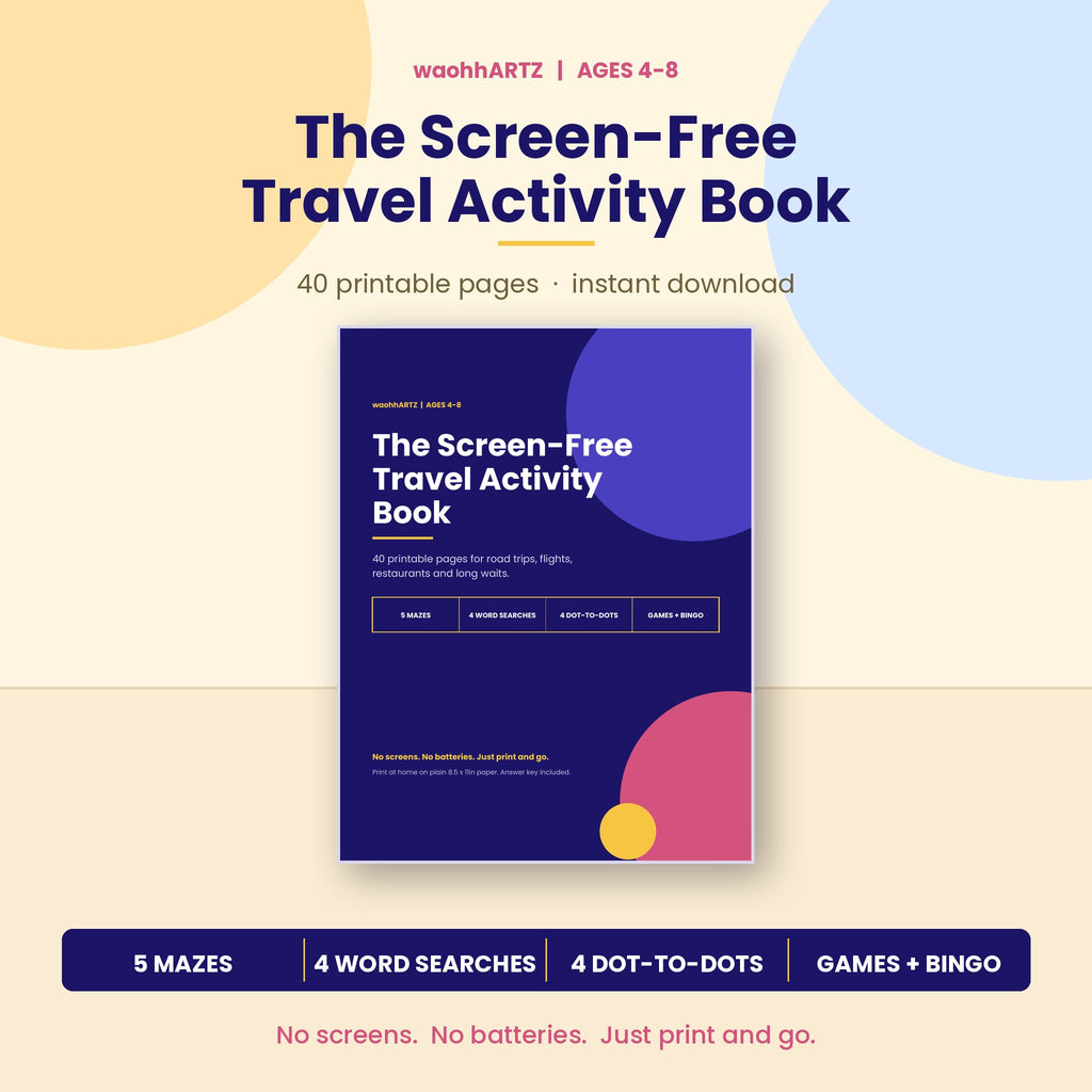 The Screen-Free Travel Activity Book | 40 Printable Pages for Kids Ages 4-8 | Instant Download PDF