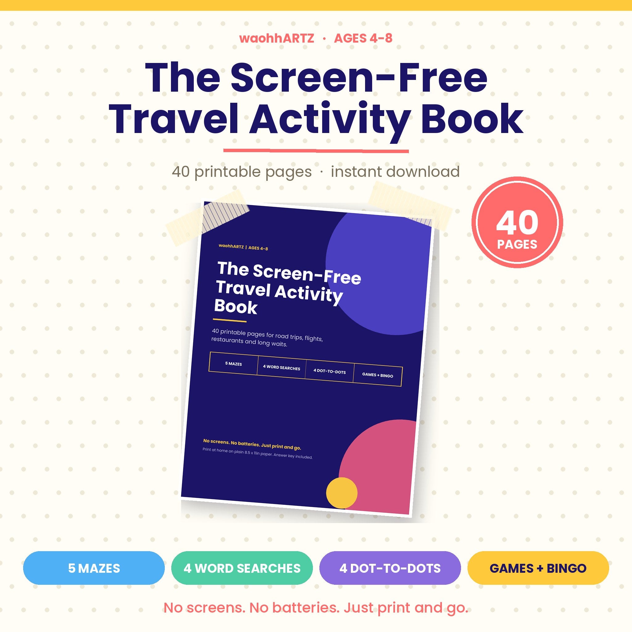 The Screen-Free Travel Activity Book | 40 Printable Pages for Kids Ages 4-8 | Instant Download PDF