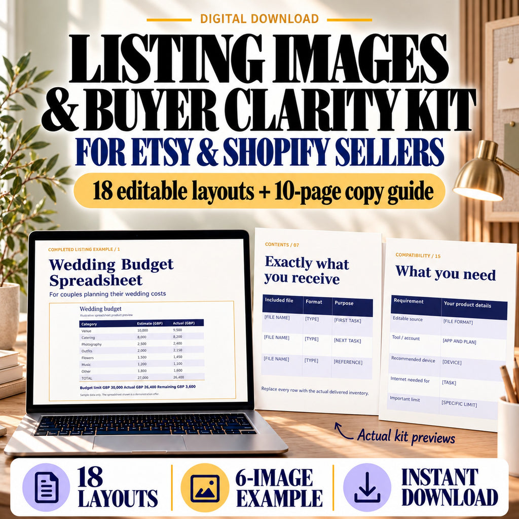 Digital download listing image kit for Etsy and Shopify sellers, showing 18 editable layouts, a wedding-budget listing example and contents and compatibility templates.