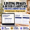 Digital download listing image kit for Etsy and Shopify sellers, showing 18 editable layouts, a wedding-budget listing example and contents and compatibility templates.