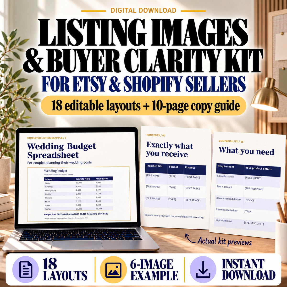 Digital download listing image kit for Etsy and Shopify sellers, showing 18 editable layouts, a wedding-budget listing example and contents and compatibility templates.