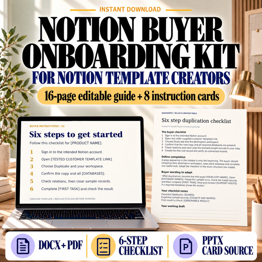 Notion buyer onboarding kit with an actual six-step instruction card and guide page, 16-page guide and eight cards.