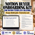 Notion buyer onboarding kit with an actual six-step instruction card and guide page, 16-page guide and eight cards.