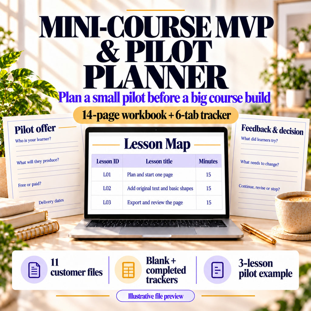 Mini-Course MVP and Pilot Planner: illustrative 14-page workbook and six-tab tracker preview with three-lesson map