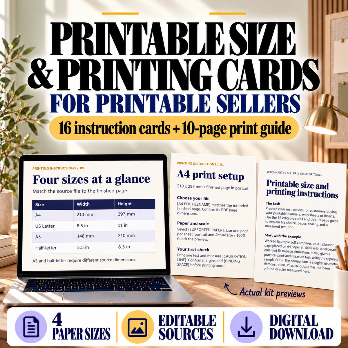 Printable size and printing instruction kit with 16 cards, a 10-page guide and actual paper-size chart previews.