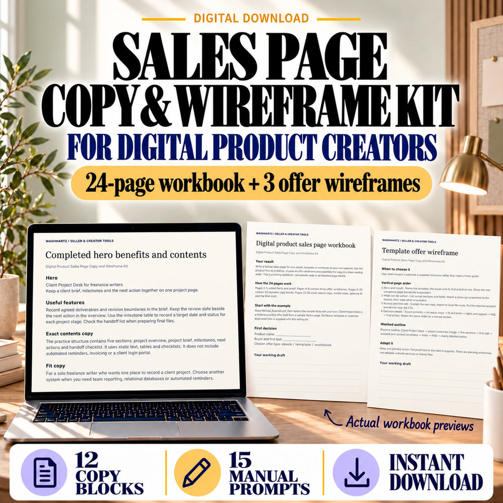 Sales Page Copy and Wireframe Kit with a completed copy example, workbook and template offer outline in a sage workspace.