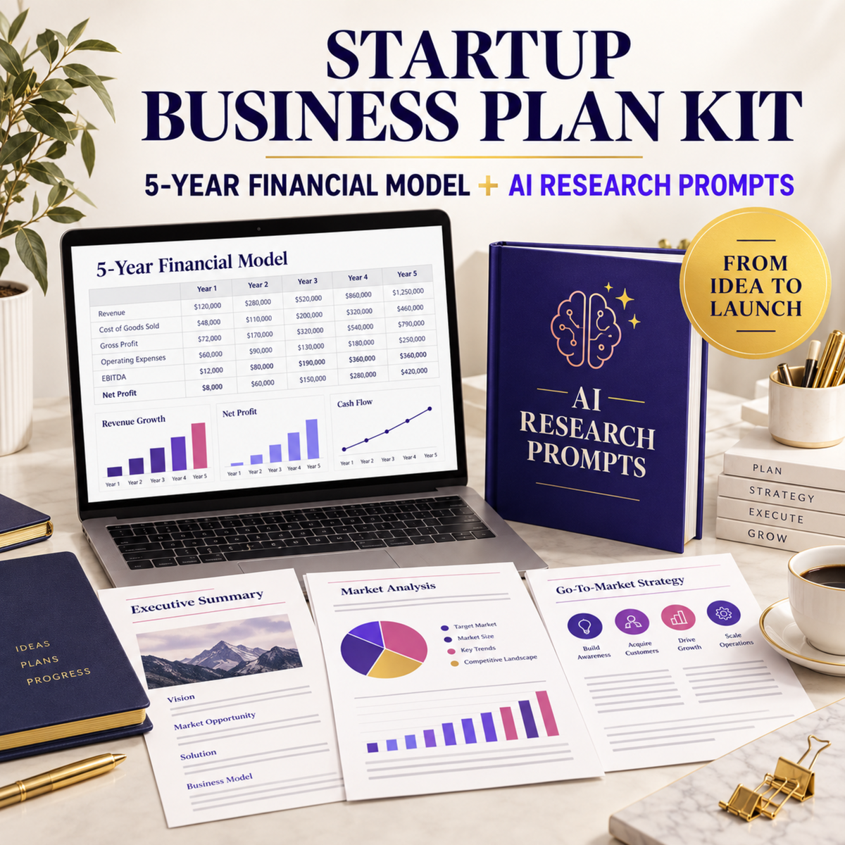 Startup Business Plan Kit with 5-Year Financial Model and AI Research Prompts