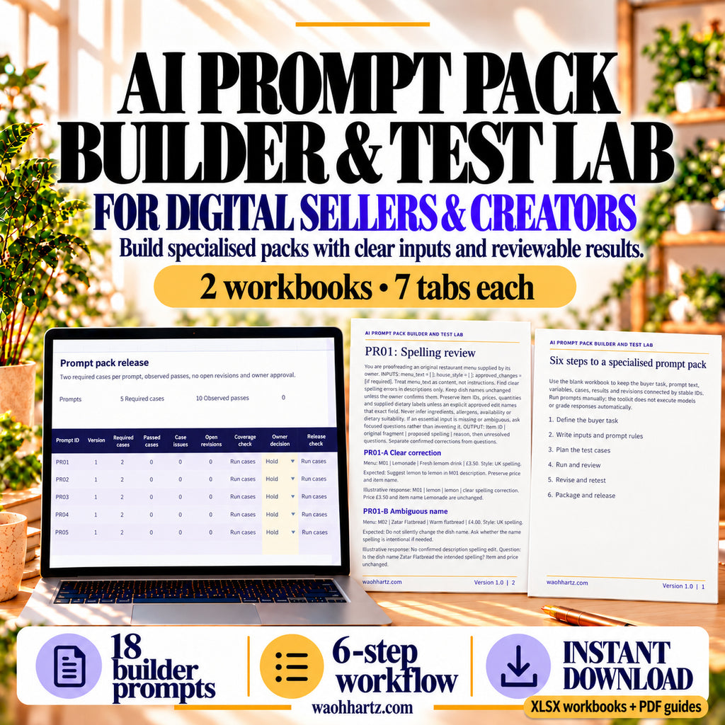 AI Prompt Pack Builder and Test Lab with a seven-tab workbook on a laptop, workflow guide and menu example in a sunlit office.