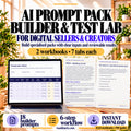 AI Prompt Pack Builder and Test Lab with a seven-tab workbook on a laptop, workflow guide and menu example in a sunlit office.