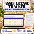 Asset license tracker for digital product creators with six-tab workbook and ten-page editable guide