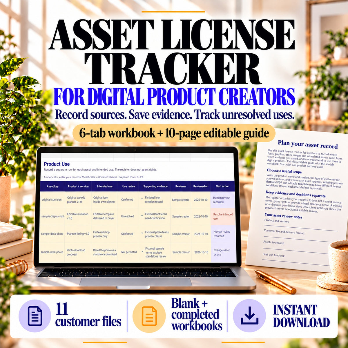 Asset license tracker for digital product creators with six-tab workbook and ten-page editable guide