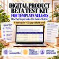 Digital product beta testing kit for template sellers with six-tab tracker, editable 12-page brief and 11 customer files