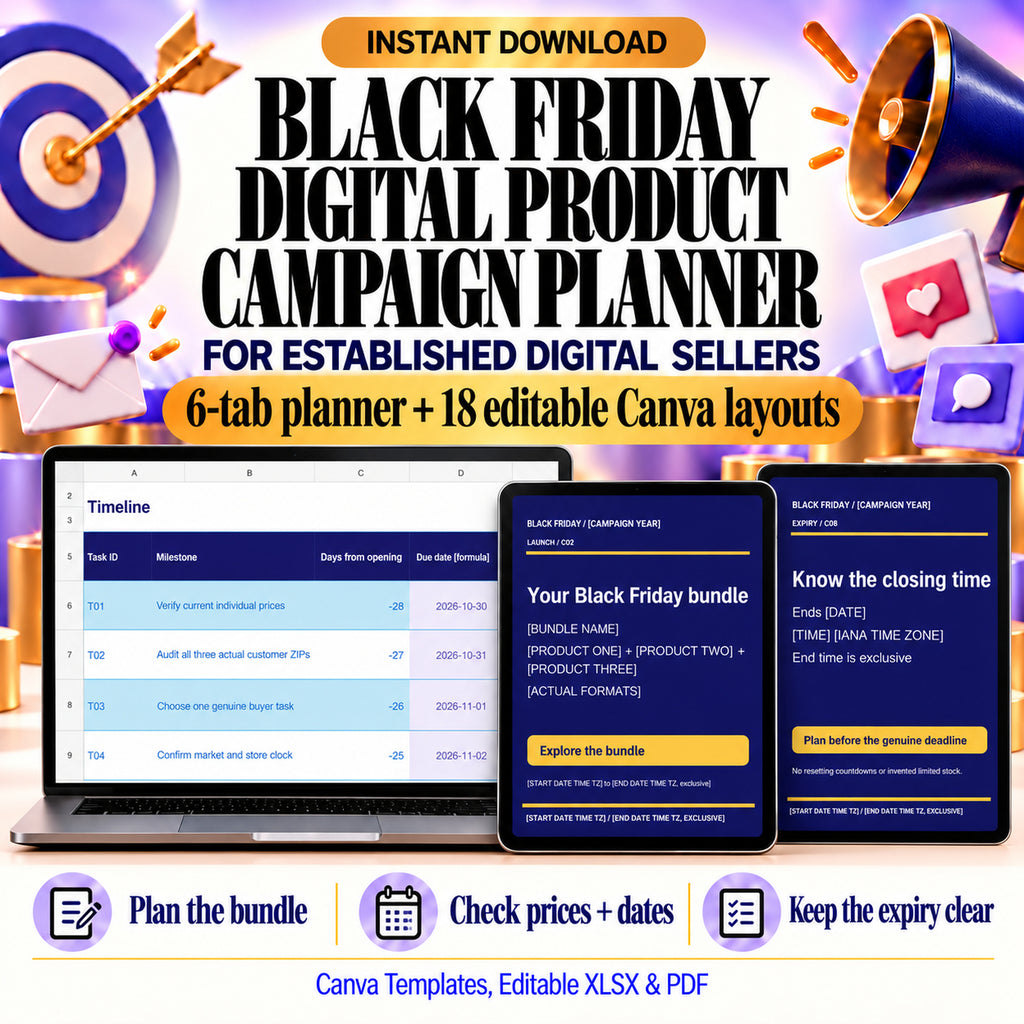 Black Friday digital product campaign planner with actual timeline and editable launch and expiry layout previews.