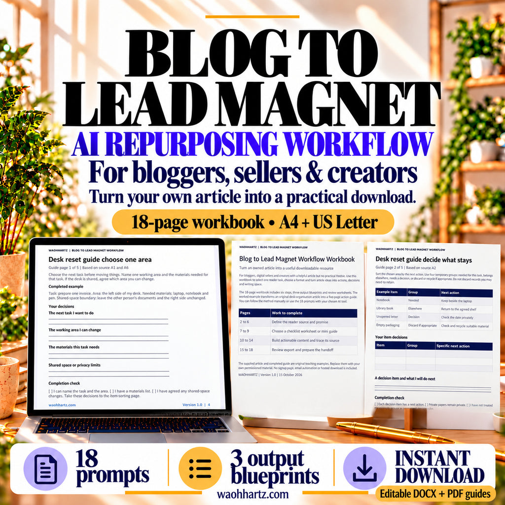 Blog to Lead Magnet AI Repurposing Workflow with an 18-page workbook and desk-reset guide previews on a laptop and paper pages.