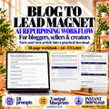 Blog to Lead Magnet AI Repurposing Workflow with an 18-page workbook and desk-reset guide previews on a laptop and paper pages.
